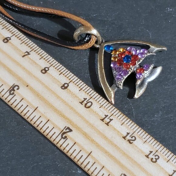 Rustic Antique Bronze Rhinestones Tropical Fish Pendant Necklace Vegan Leather - Picture 11 of 11